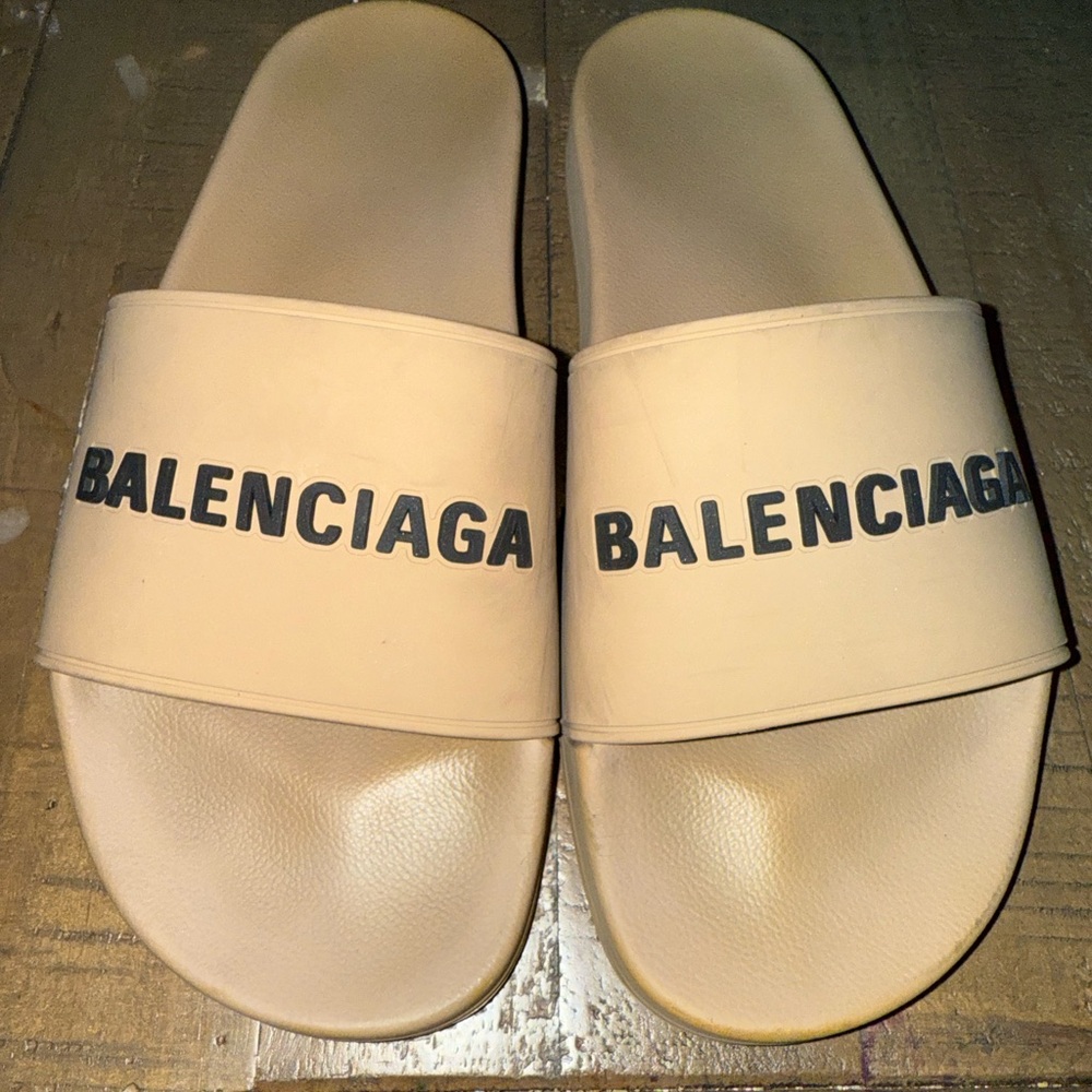 Balenciaga Tan Logo Slide Sandals